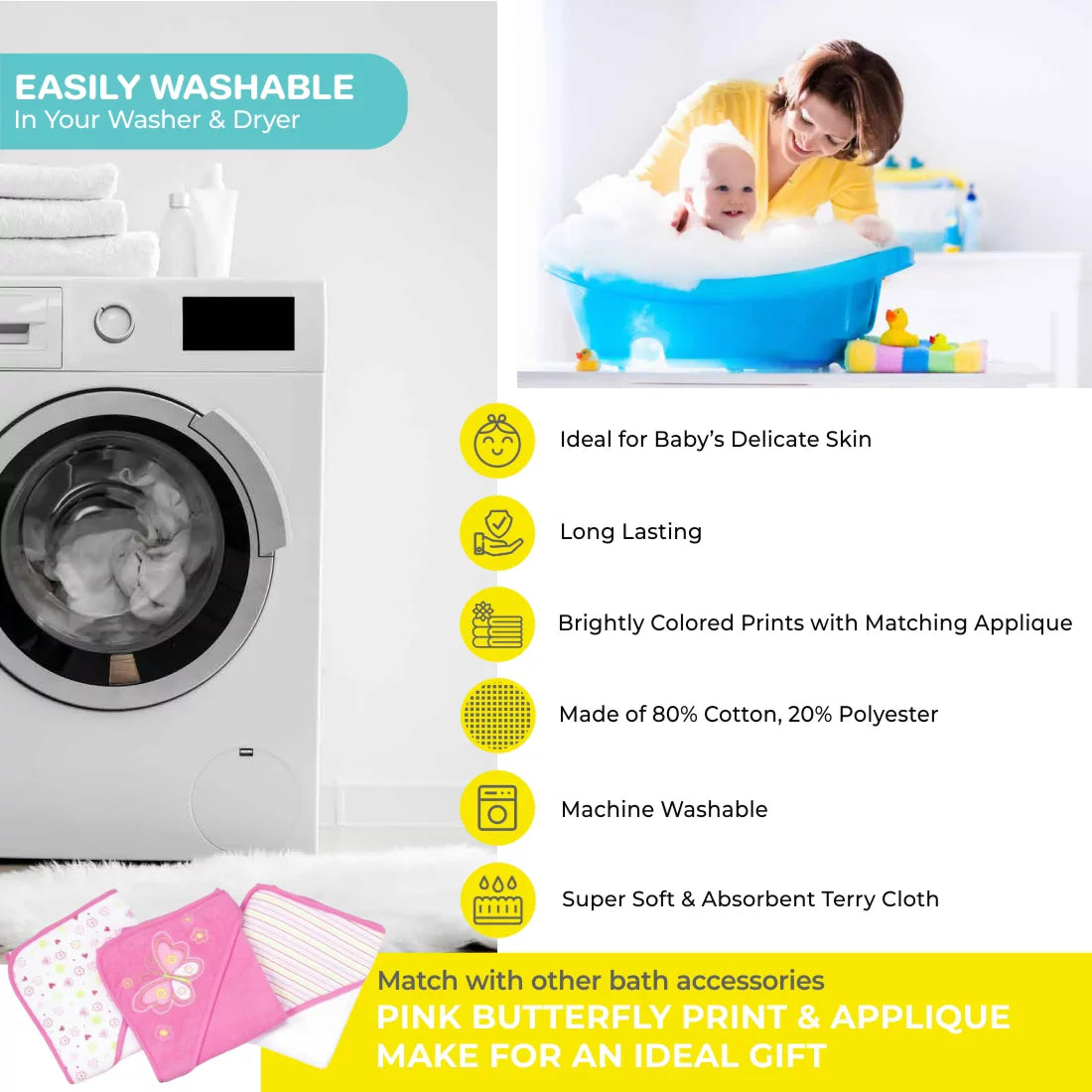 Juego De Toallas Con Capucha Para Baño Y Paños Para Bebés, Juego De Regalo De 23 Piezas, Butterfly Rosa