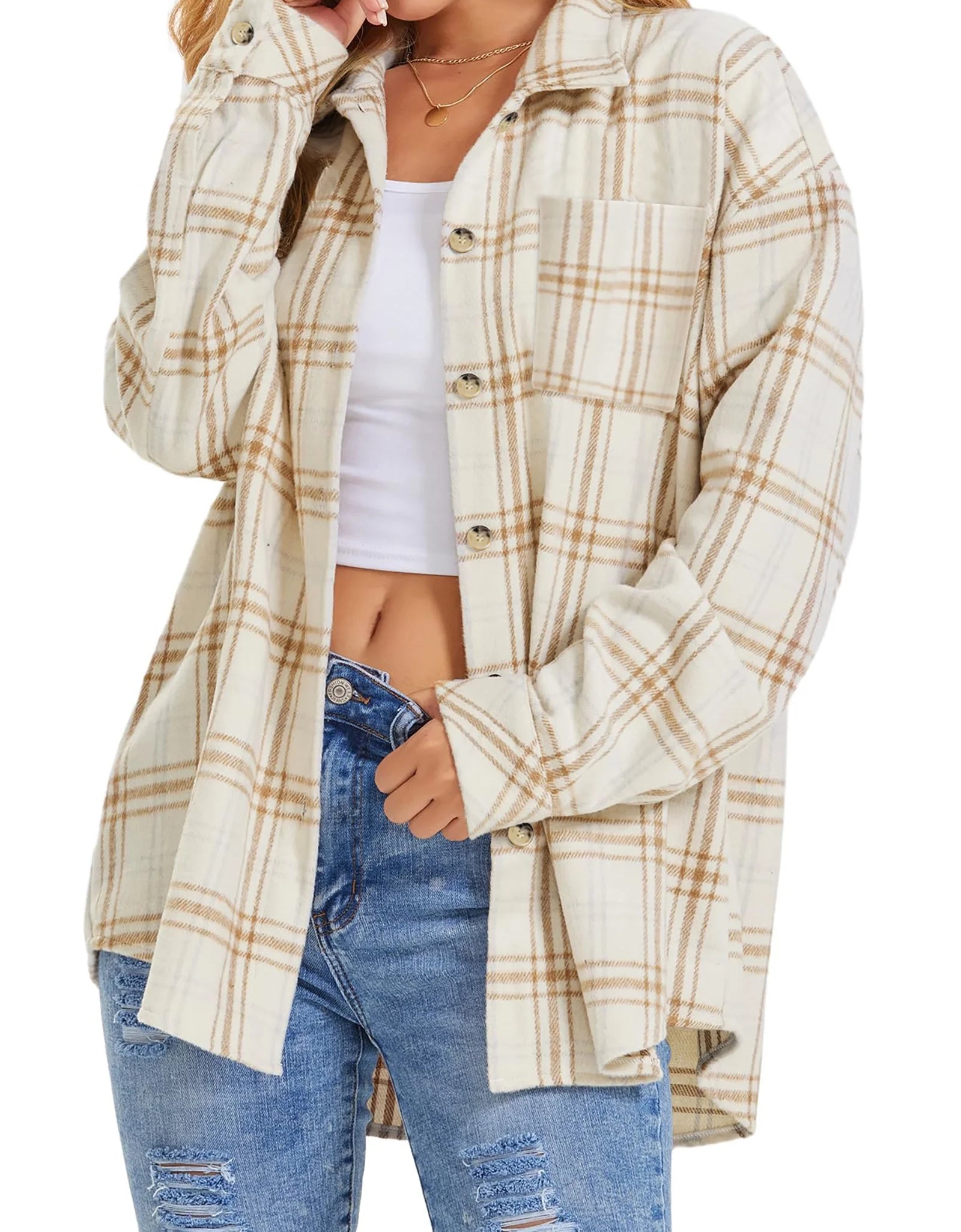 Womens Plaid Shirts Flannel Shacket Jacket Long Sleeve Button down Shirts Blouses Tops