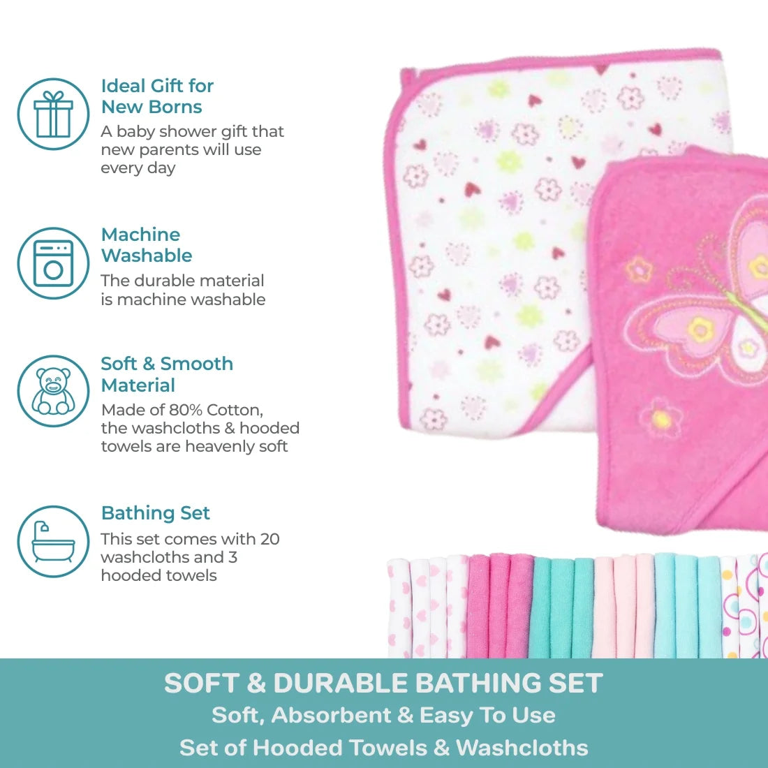 Juego De Toallas Con Capucha Para Baño Y Paños Para Bebés, Juego De Regalo De 23 Piezas, Butterfly Rosa