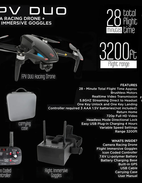 Load image into Gallery viewer, FPV Duo Racing Drone with Goggles and GPS, Black
