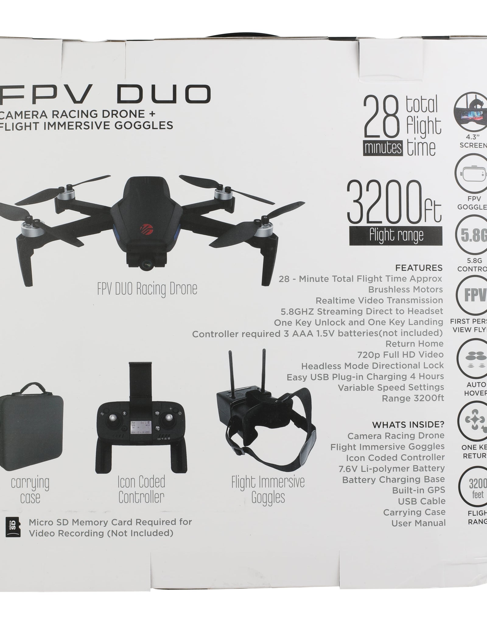 FPV Duo Racing Drone with Goggles and GPS, Black