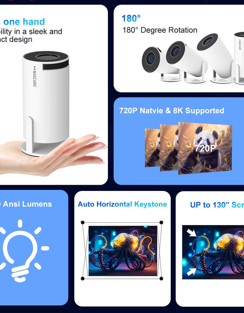 Load image into Gallery viewer, Android 14 Wifi6 260ANSI Projector Allwinnerh726 1280*720P 8K180° Flexible BT5.4 Home Cinema Outdoor Portable Projetor

