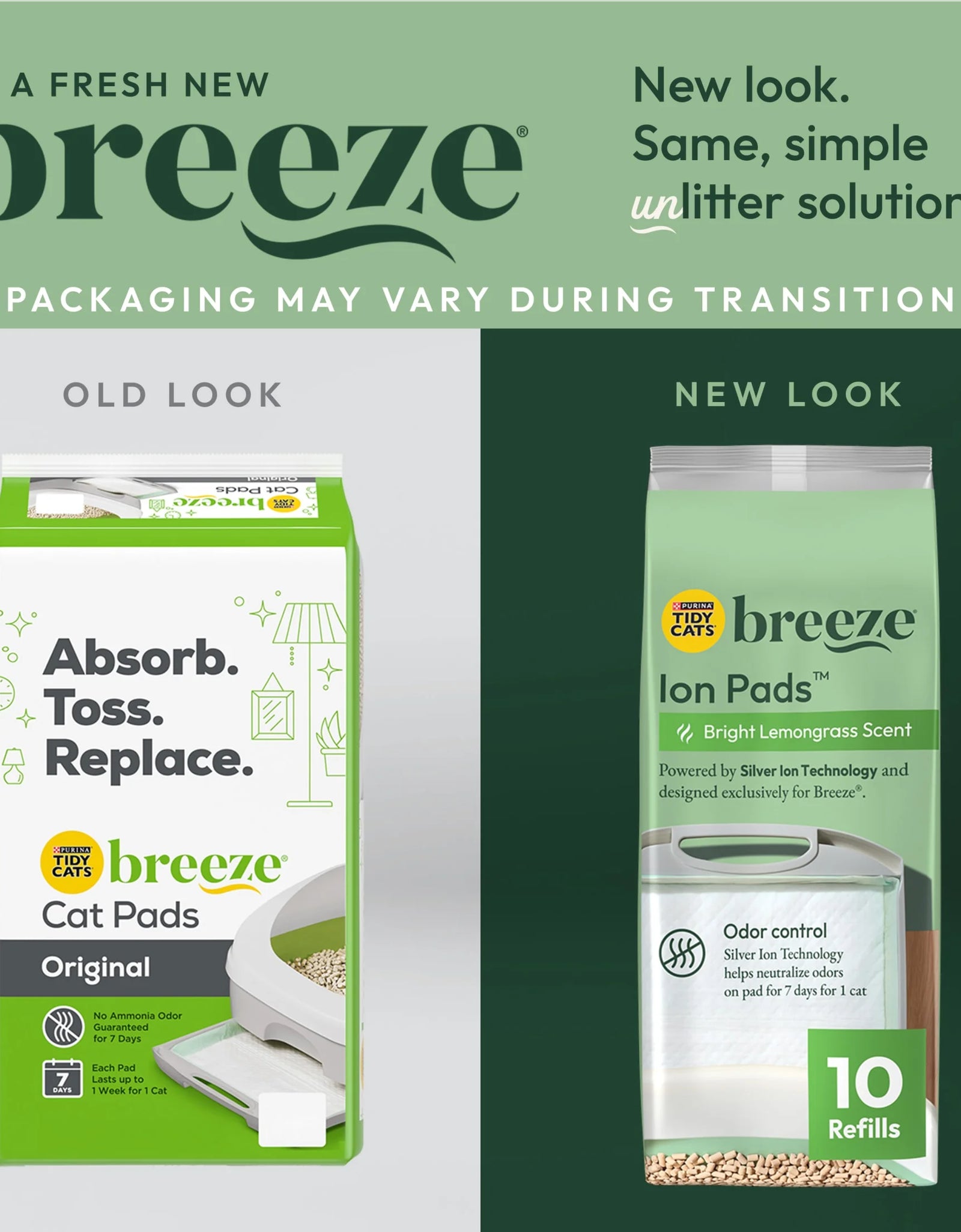 (10 Pack) Purina  Breeze Bright Lemongrass Scented Ion Cat Litter Pads Refill Pack