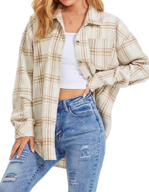 Load image into Gallery viewer, Womens Plaid Shirts Flannel Shacket Jacket Long Sleeve Button down Shirts Blouses Tops
