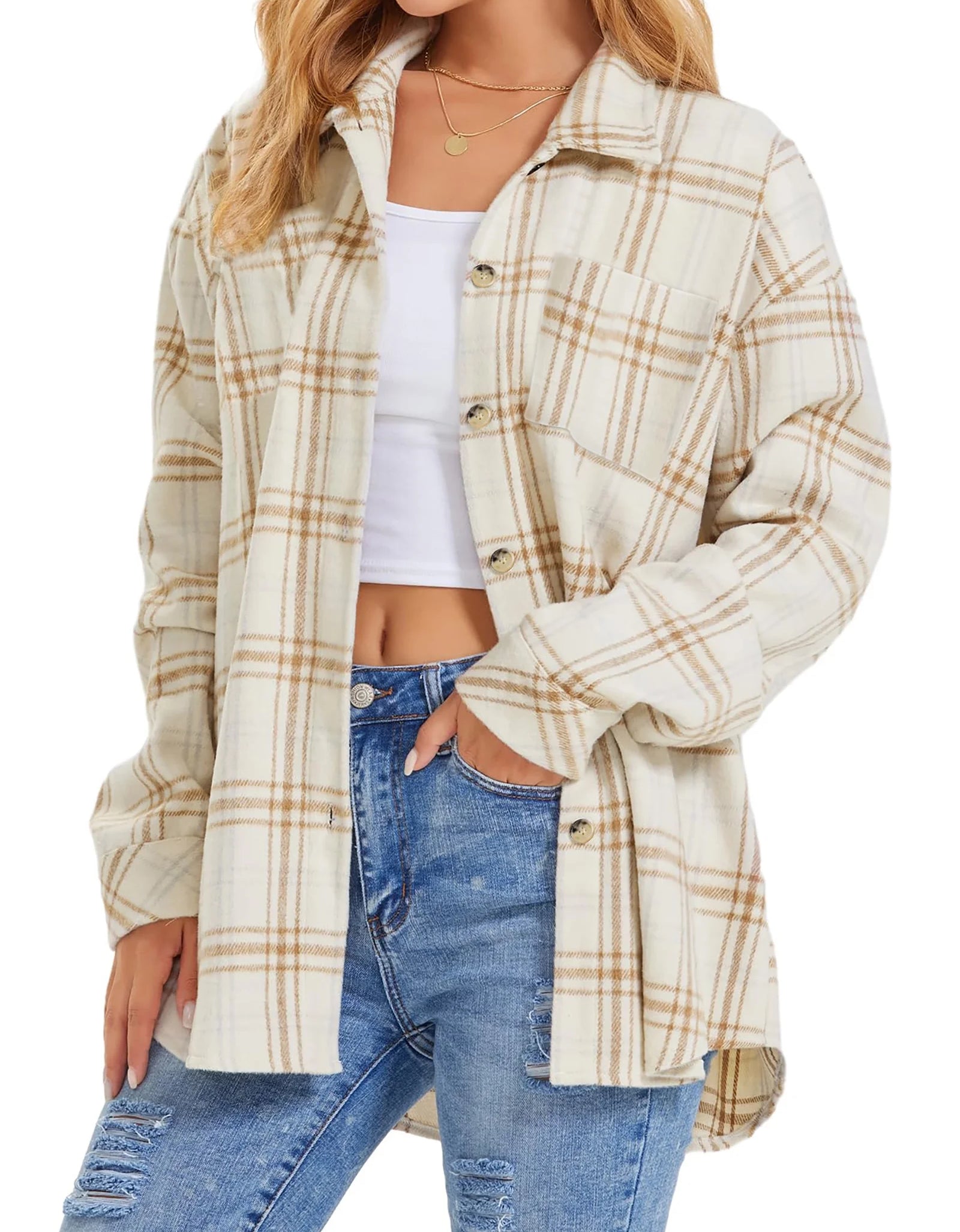 Womens Plaid Shirts Flannel Shacket Jacket Long Sleeve Button down Shirts Blouses Tops